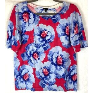 Talbots Floral Short Sleeve Sweater Large Preppy Americana Career Work Wear